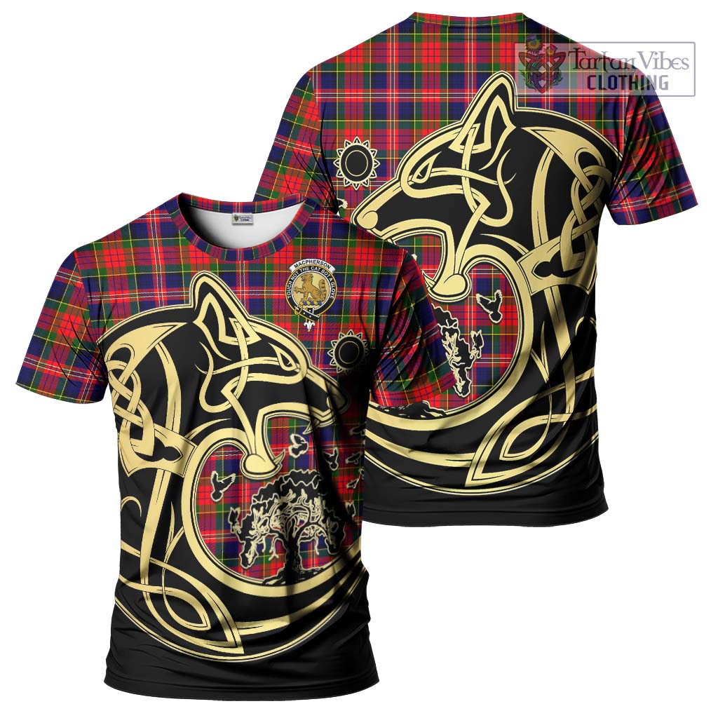 Tartan Vibes Clothing MacPherson Modern Tartan T-Shirt with Family Crest Celtic Wolf Style
