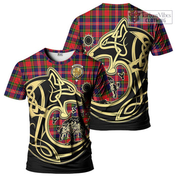 MacPherson Modern Tartan T-Shirt with Family Crest Celtic Wolf Style