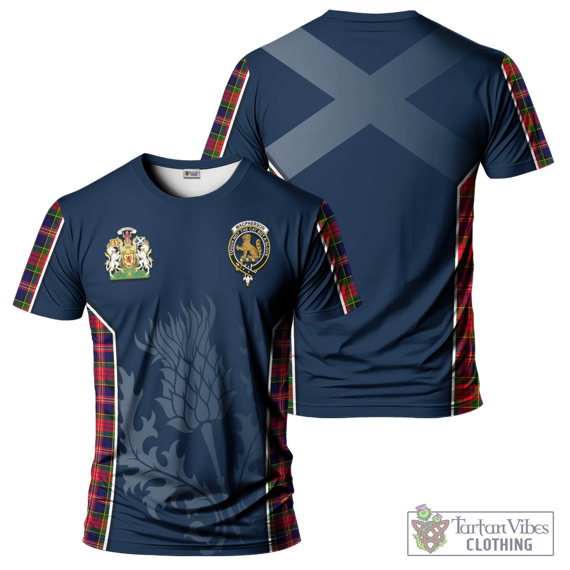 Tartan Vibes Clothing MacPherson Modern Tartan T-Shirt with Family Crest and Scottish Thistle Vibes Sport Style