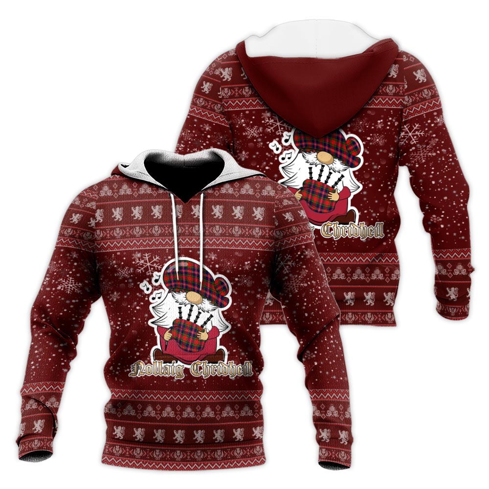 MacPherson Modern Clan Christmas Knitted Hoodie with Funny Gnome Playing Bagpipes Red - Tartanvibesclothing