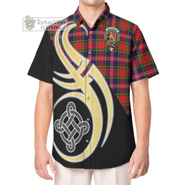 MacPherson Modern Tartan Short Sleeve Button Shirt with Family Crest and Celtic Symbol Style