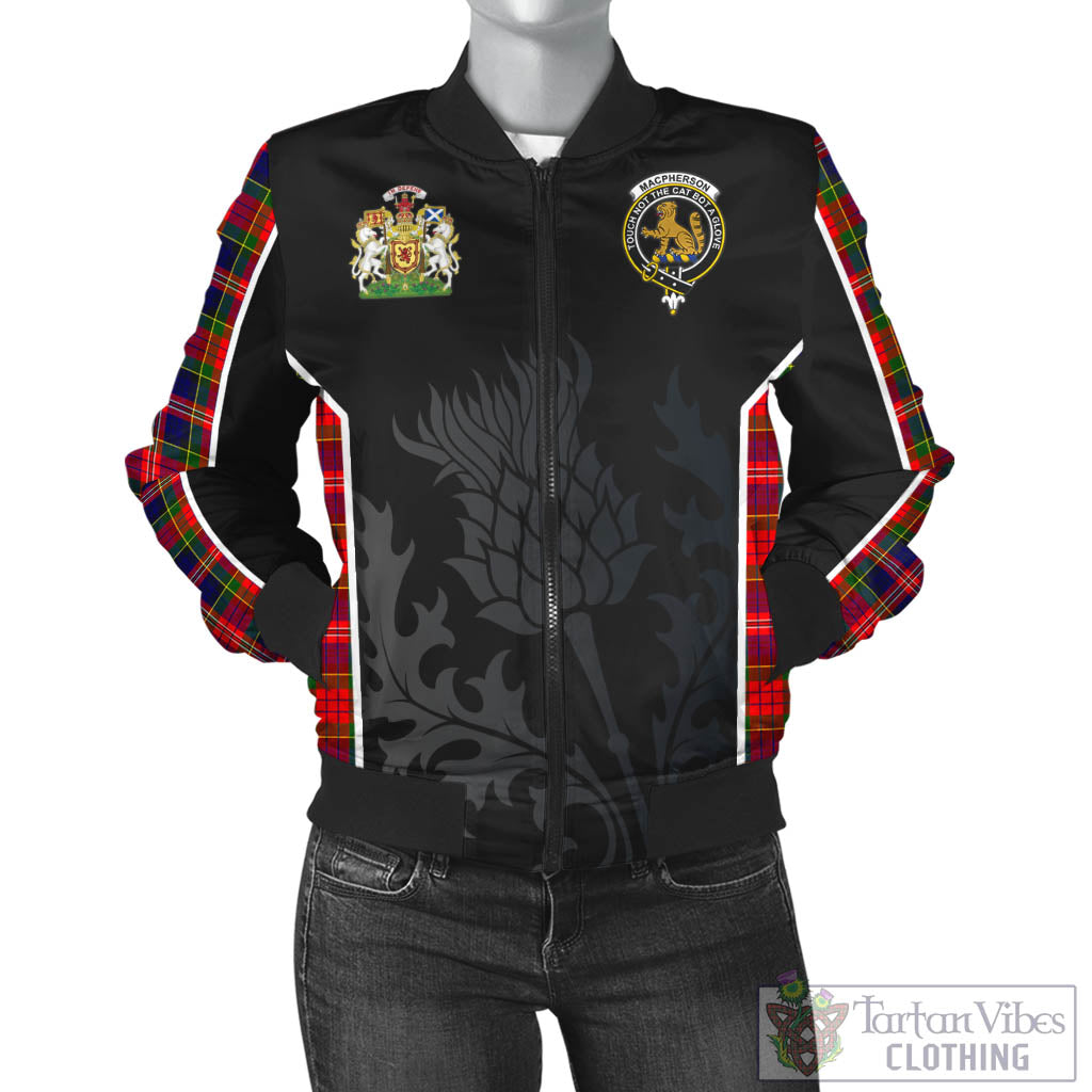 Tartan Vibes Clothing MacPherson Modern Tartan Bomber Jacket with Family Crest and Scottish Thistle Vibes Sport Style