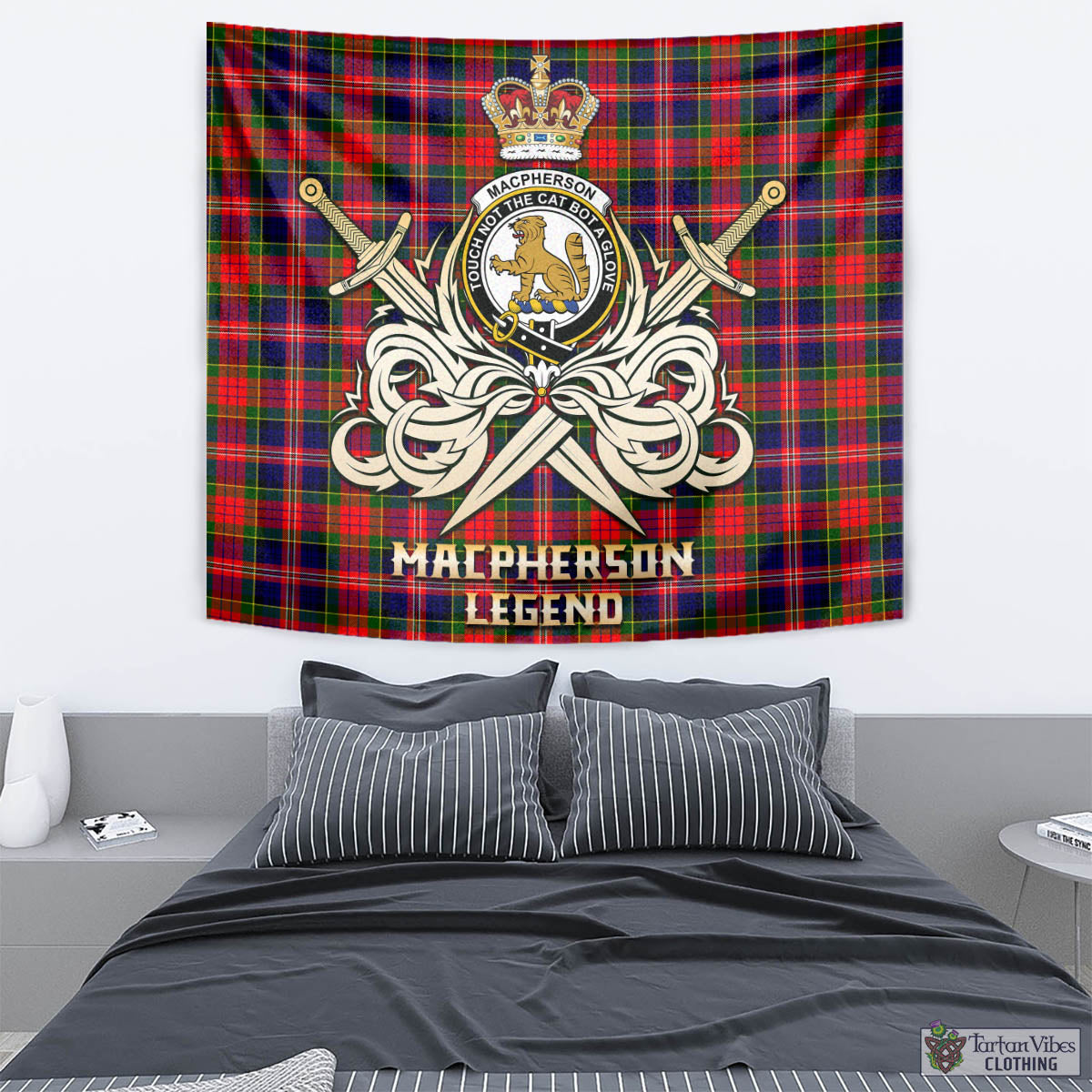 Tartan Vibes Clothing MacPherson Modern Tartan Tapestry with Clan Crest and the Golden Sword of Courageous Legacy