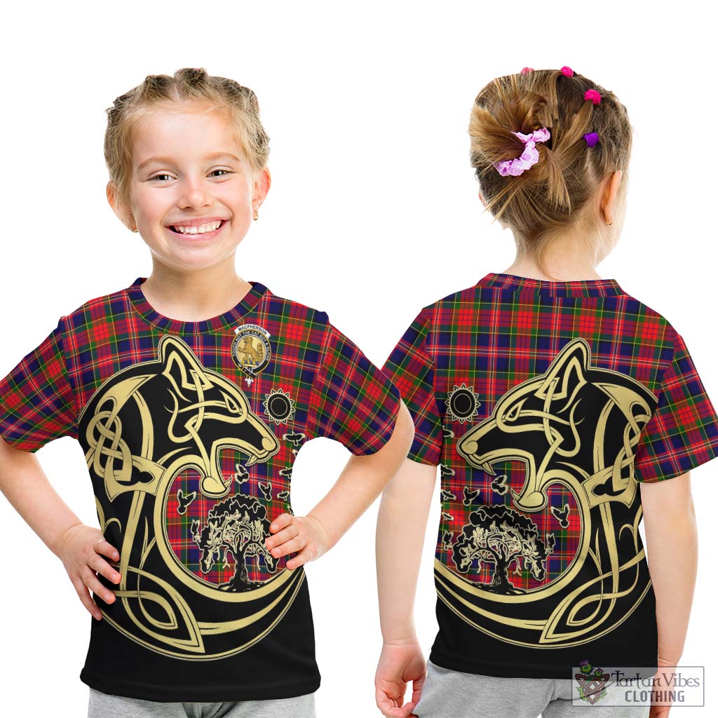 Tartan Vibes Clothing MacPherson Modern Tartan Kid T-Shirt with Family Crest Celtic Wolf Style