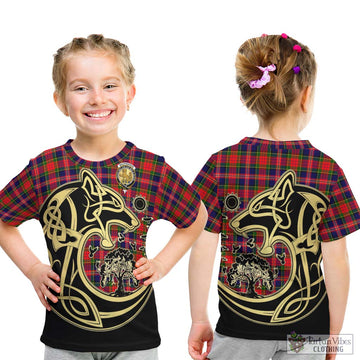 MacPherson Modern Tartan Kid T-Shirt with Family Crest Celtic Wolf Style