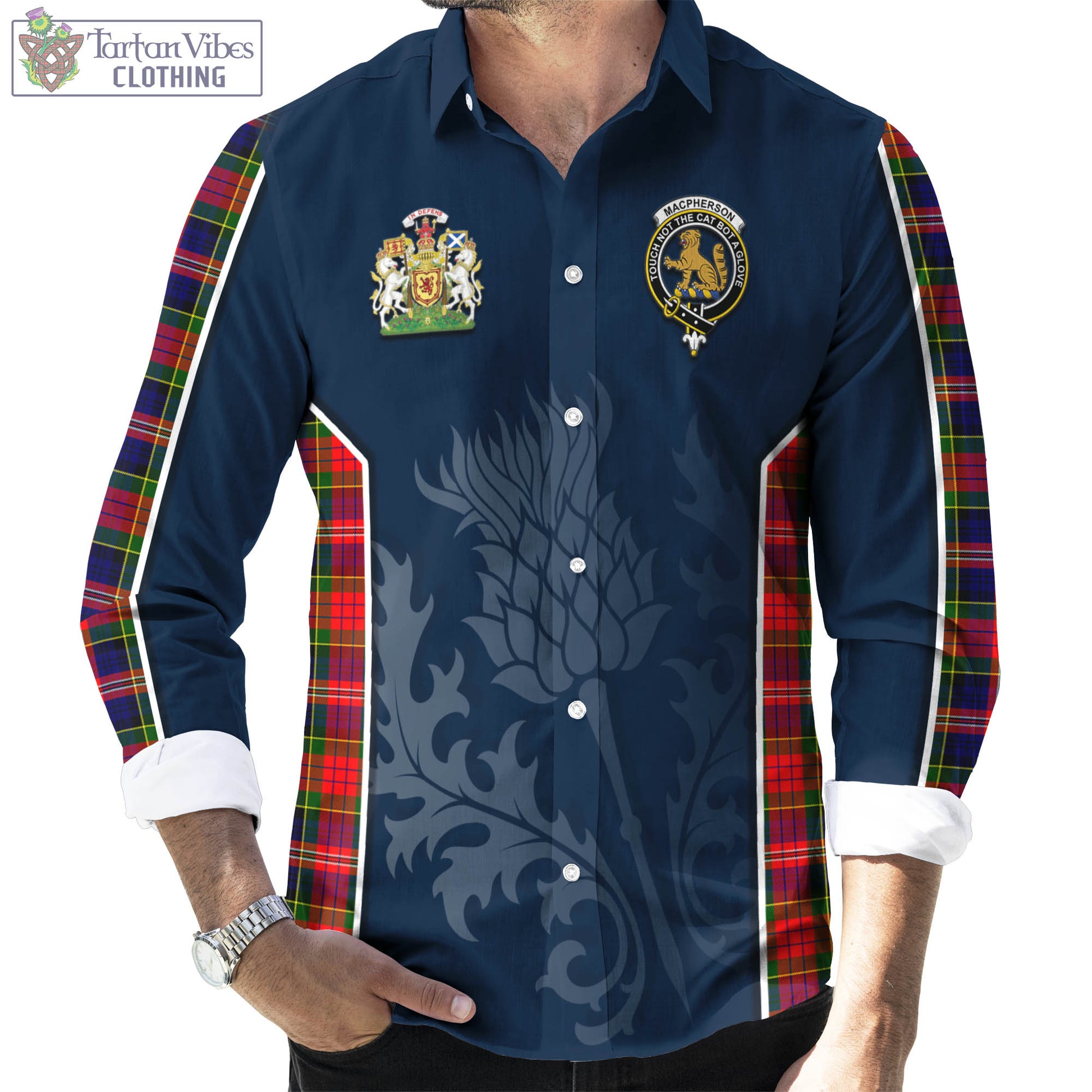 Tartan Vibes Clothing MacPherson Modern Tartan Long Sleeve Button Up Shirt with Family Crest and Scottish Thistle Vibes Sport Style
