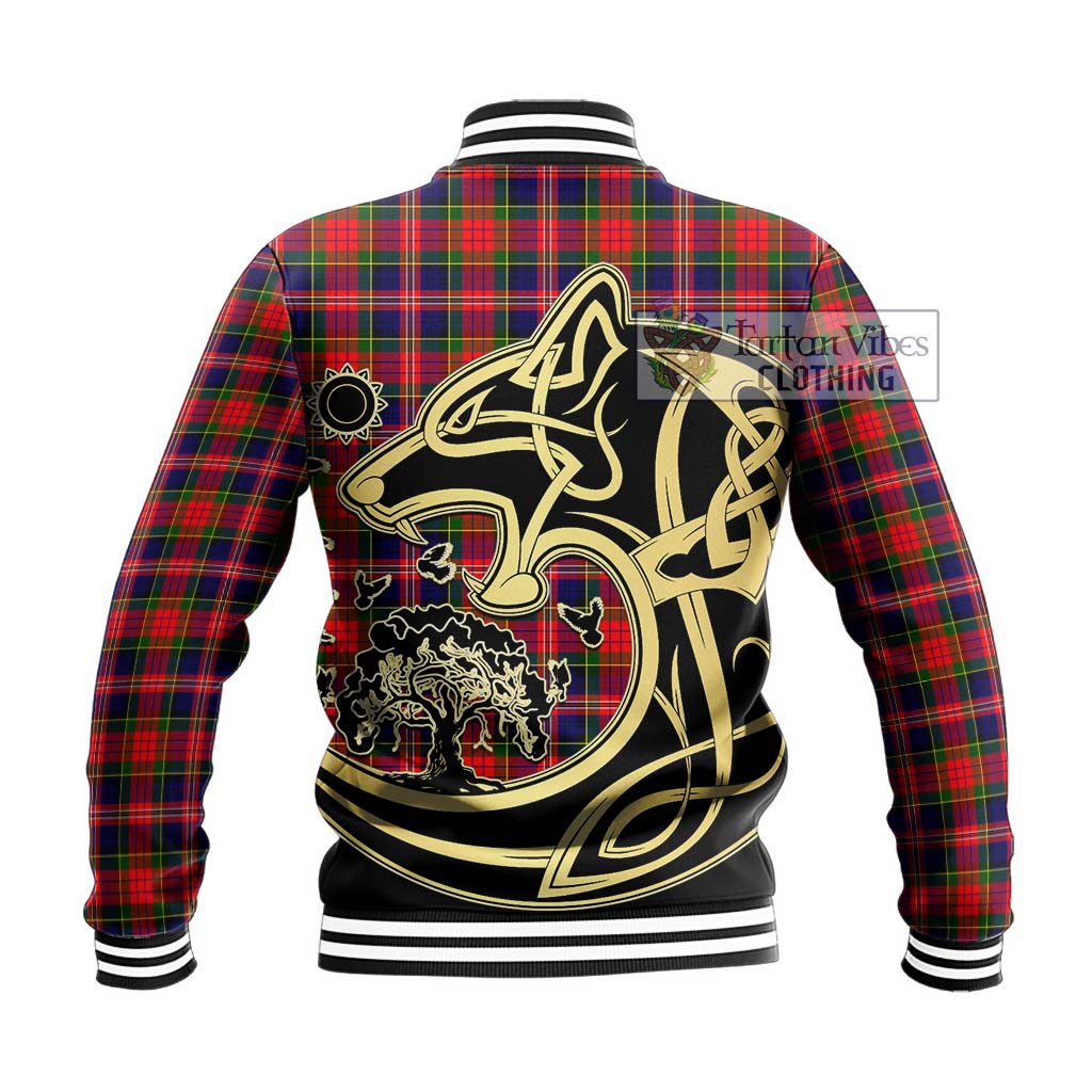 Tartan Vibes Clothing MacPherson Modern Tartan Baseball Jacket with Family Crest Celtic Wolf Style
