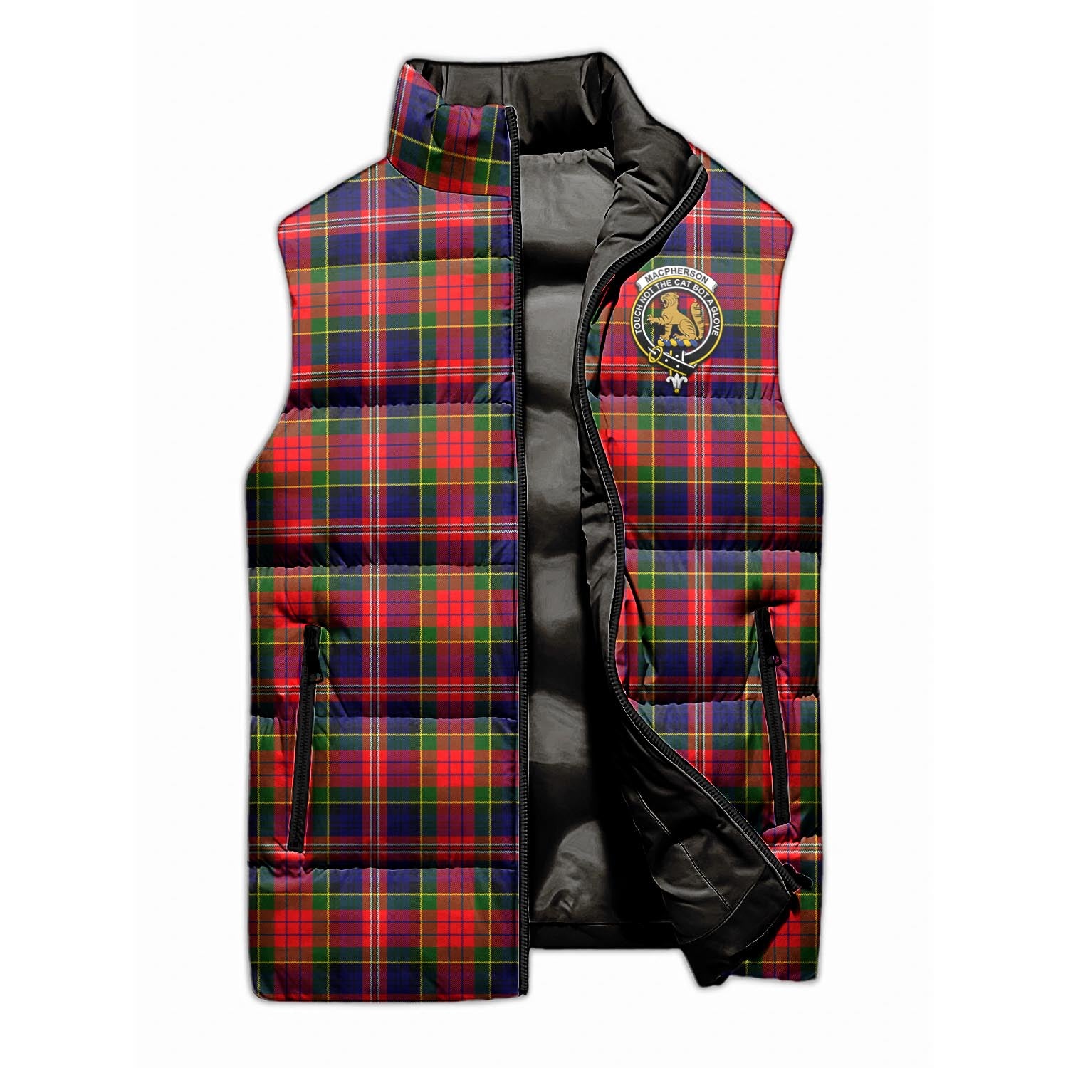 MacPherson Modern Tartan Sleeveless Puffer Jacket with Family Crest - Tartanvibesclothing