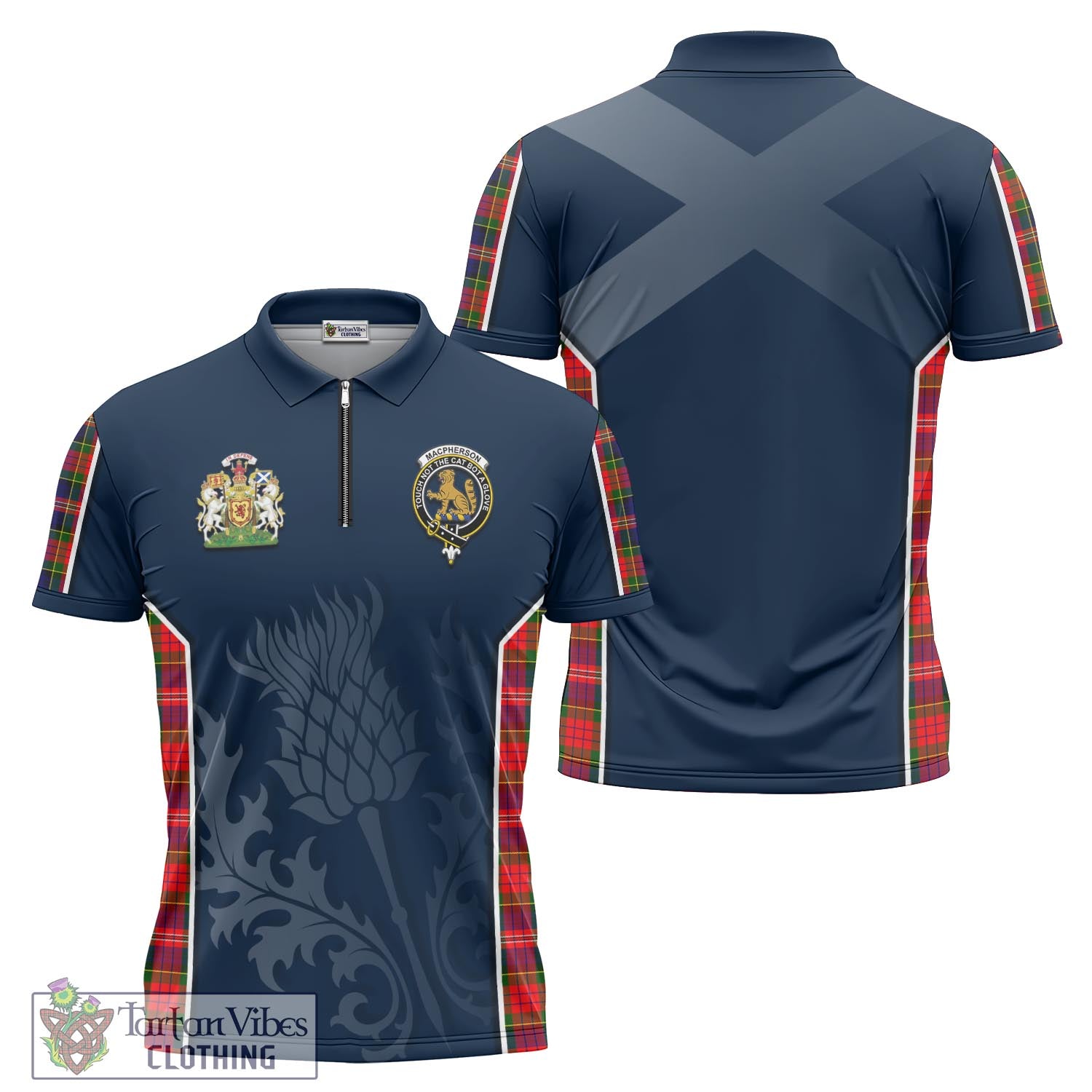 Tartan Vibes Clothing MacPherson Modern Tartan Zipper Polo Shirt with Family Crest and Scottish Thistle Vibes Sport Style