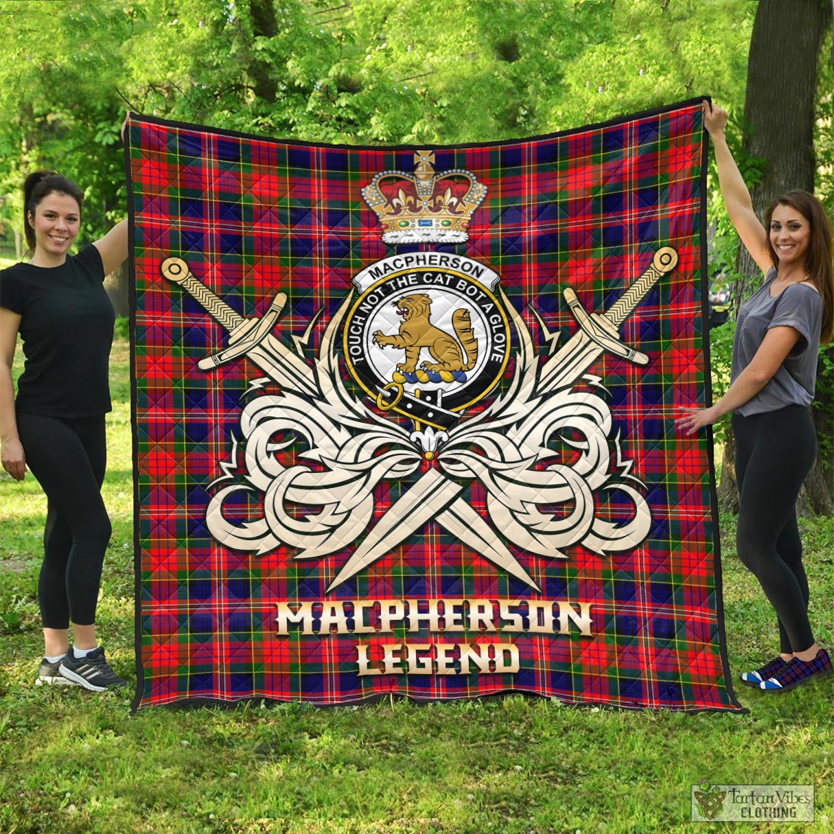 Tartan Vibes Clothing MacPherson Modern Tartan Quilt with Clan Crest and the Golden Sword of Courageous Legacy