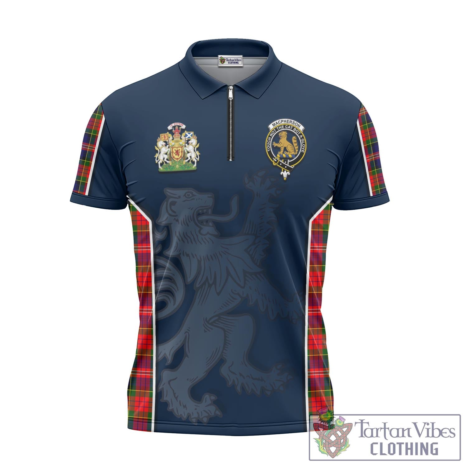 Tartan Vibes Clothing MacPherson Modern Tartan Zipper Polo Shirt with Family Crest and Lion Rampant Vibes Sport Style