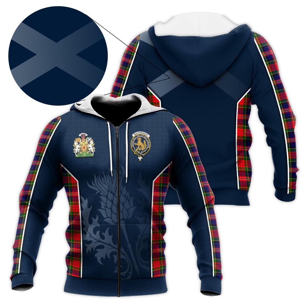 Tartan Vibes Clothing MacPherson Modern Tartan Knitted Hoodie with Family Crest and Scottish Thistle Vibes Sport Style