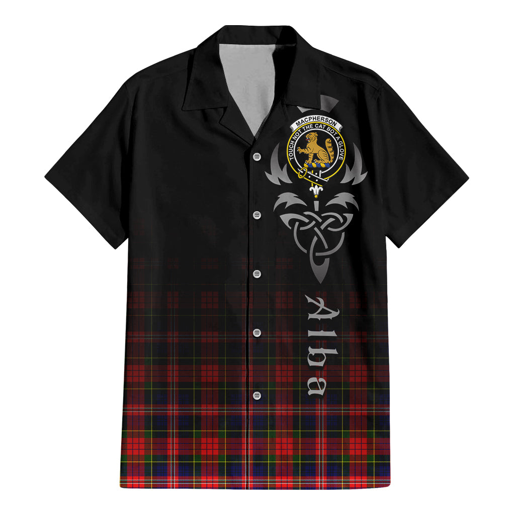 Tartan Vibes Clothing MacPherson Modern Tartan Short Sleeve Button Up Featuring Alba Gu Brath Family Crest Celtic Inspired