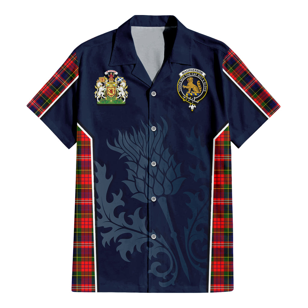 Tartan Vibes Clothing MacPherson Modern Tartan Short Sleeve Button Up Shirt with Family Crest and Scottish Thistle Vibes Sport Style