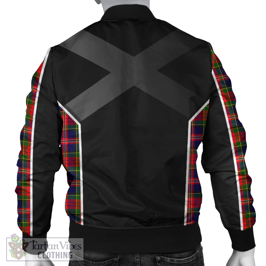 Tartan Vibes Clothing MacPherson Modern Tartan Bomber Jacket with Family Crest and Scottish Thistle Vibes Sport Style