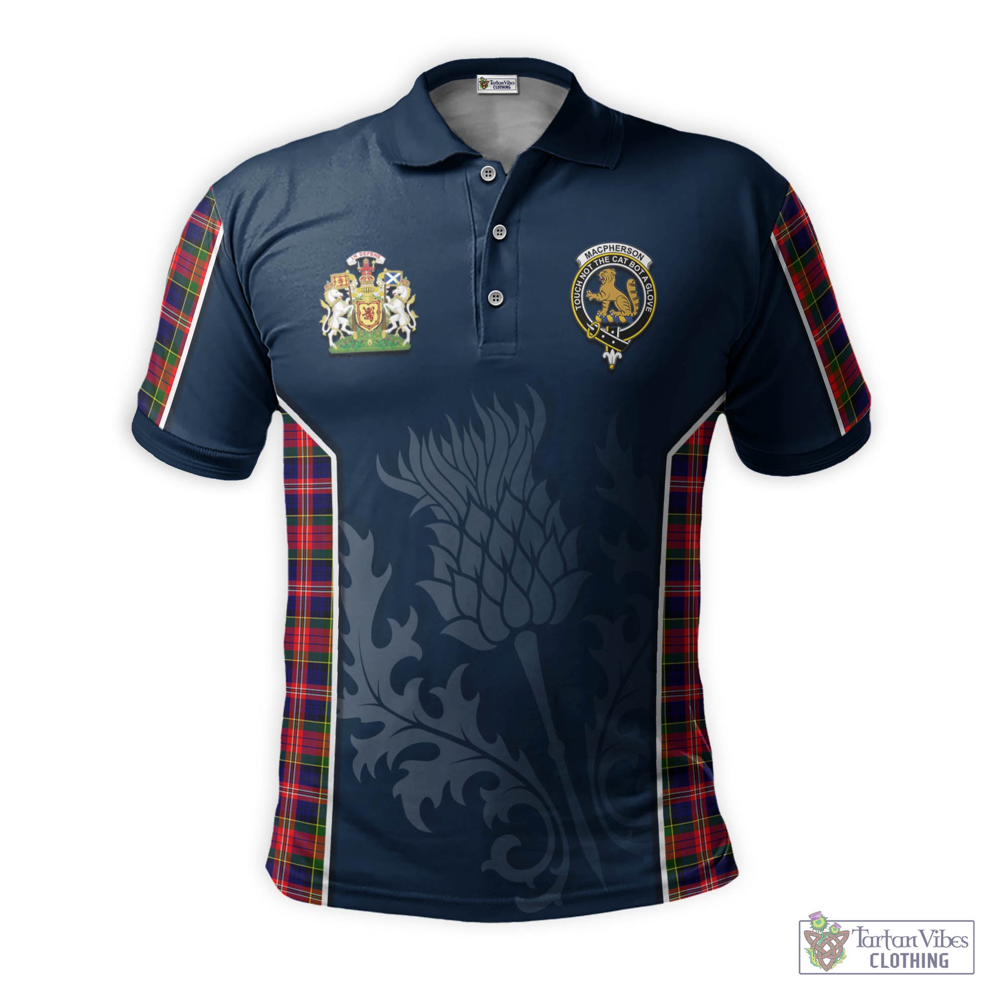 Tartan Vibes Clothing MacPherson Modern Tartan Men's Polo Shirt with Family Crest and Scottish Thistle Vibes Sport Style