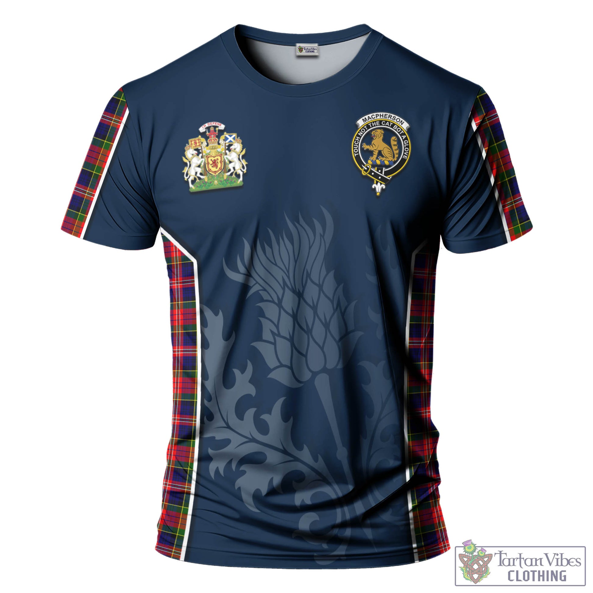 Tartan Vibes Clothing MacPherson Modern Tartan T-Shirt with Family Crest and Scottish Thistle Vibes Sport Style