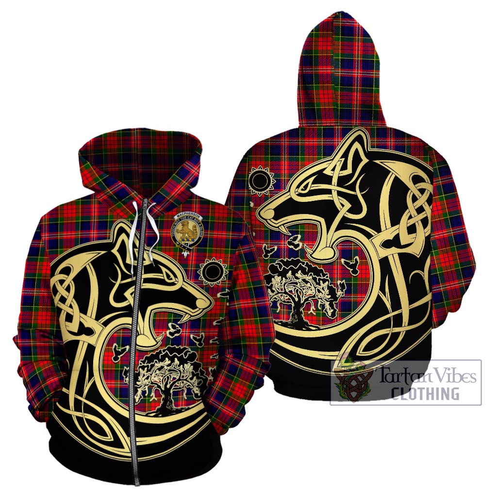 Tartan Vibes Clothing MacPherson Modern Tartan Hoodie with Family Crest Celtic Wolf Style