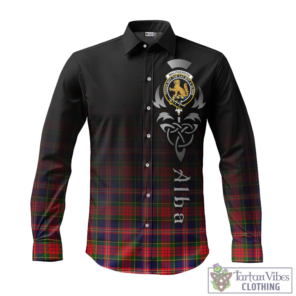 Tartan Vibes Clothing MacPherson Modern Tartan Long Sleeve Button Up Featuring Alba Gu Brath Family Crest Celtic Inspired
