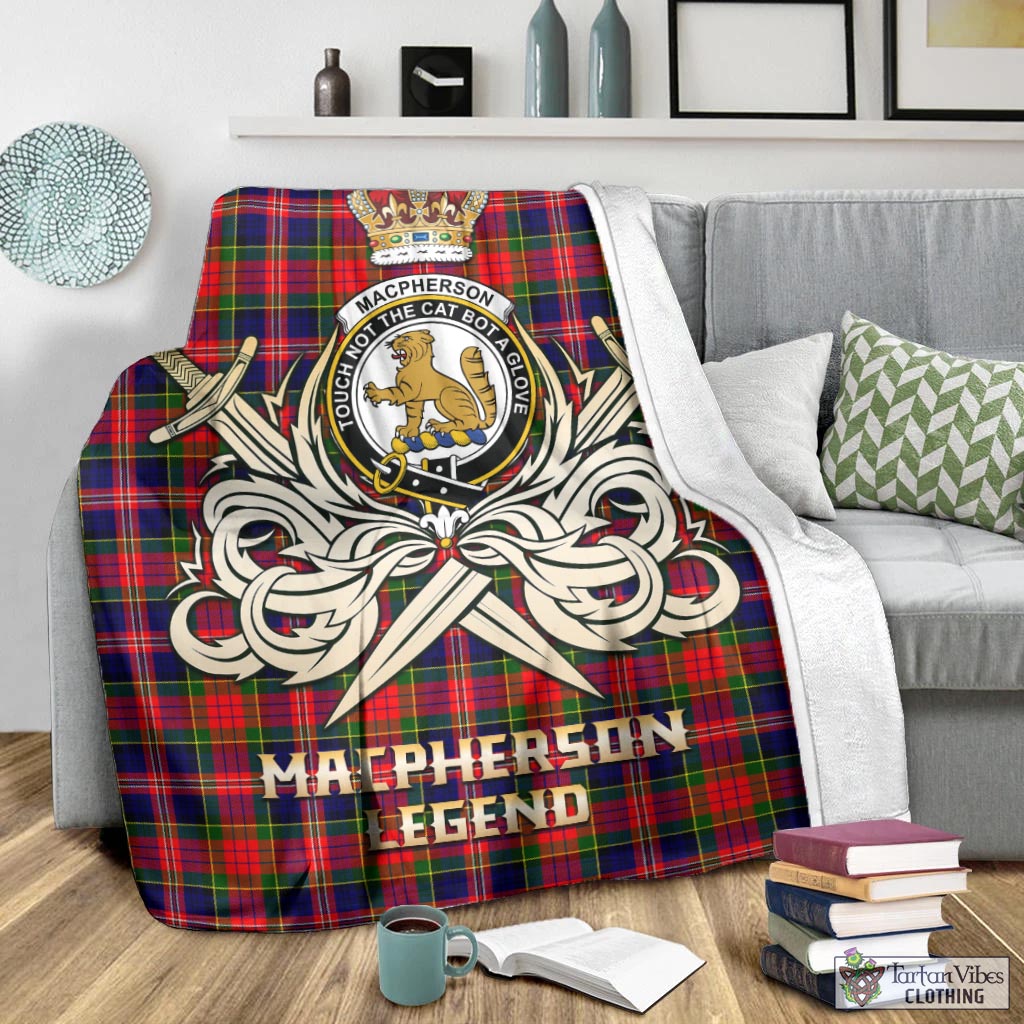 Tartan Vibes Clothing MacPherson Modern Tartan Blanket with Clan Crest and the Golden Sword of Courageous Legacy