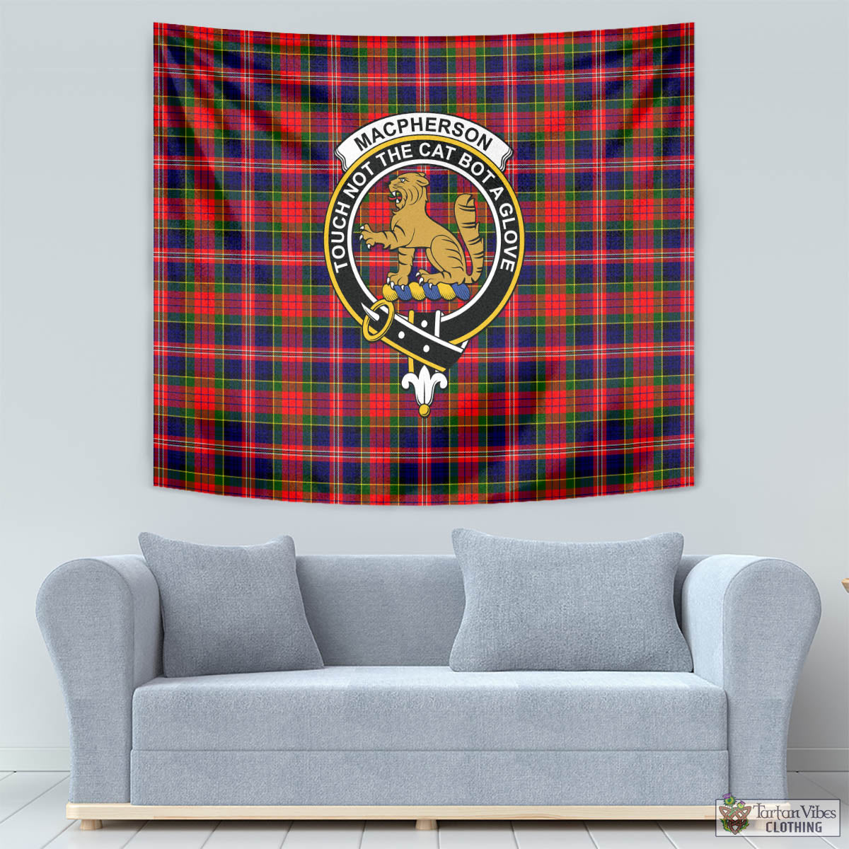 Tartan Vibes Clothing MacPherson Modern Tartan Tapestry Wall Hanging and Home Decor for Room with Family Crest