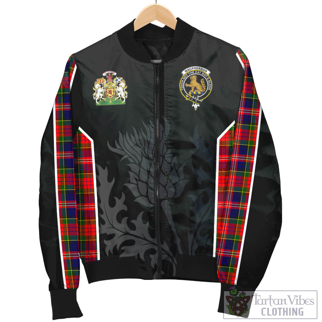 Tartan Vibes Clothing MacPherson Modern Tartan Bomber Jacket with Family Crest and Scottish Thistle Vibes Sport Style