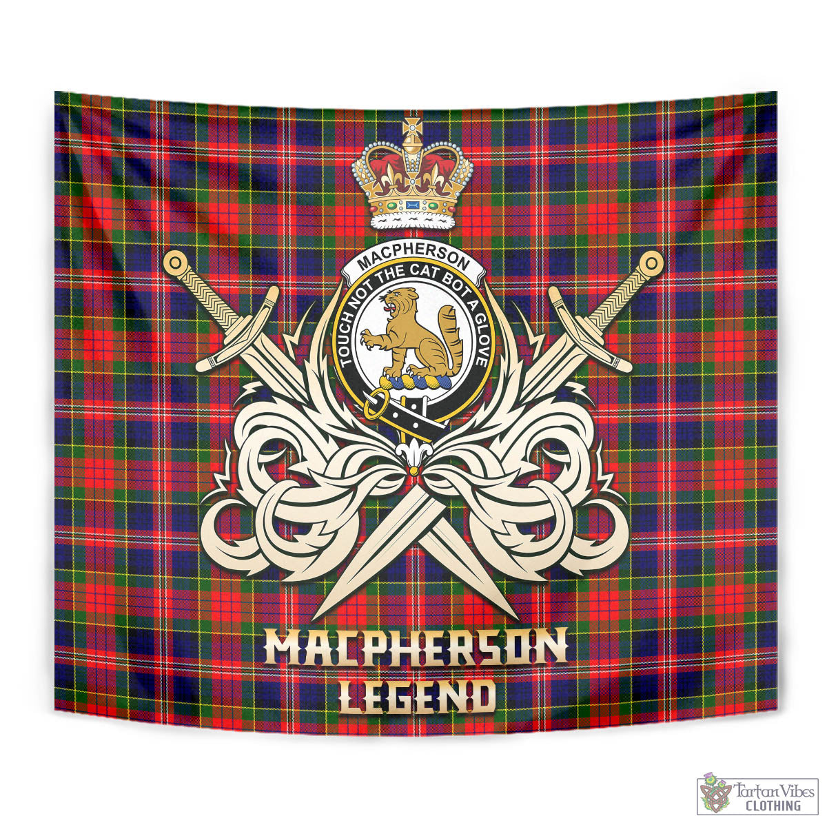 Tartan Vibes Clothing MacPherson Modern Tartan Tapestry with Clan Crest and the Golden Sword of Courageous Legacy