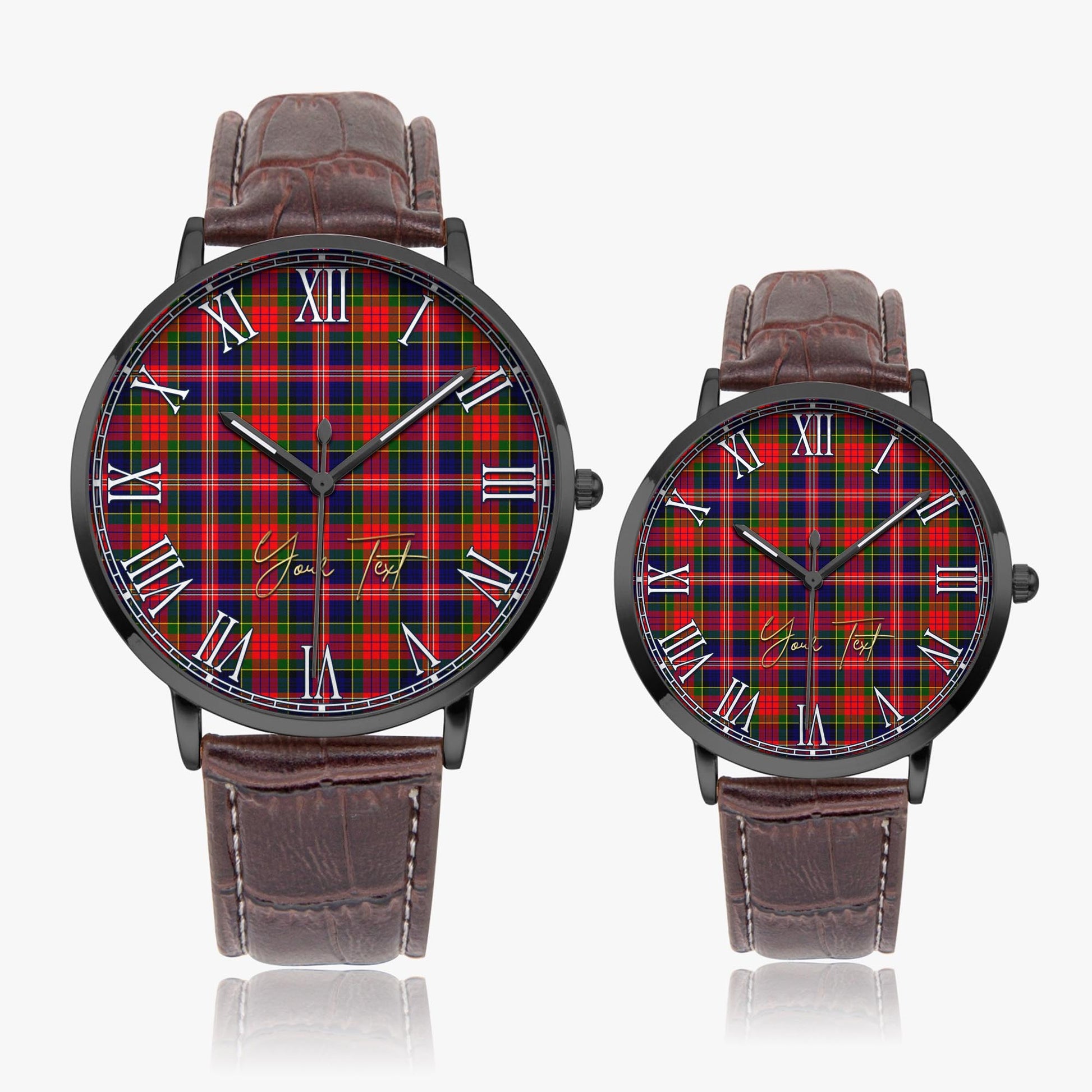 MacPherson Modern Tartan Personalized Your Text Leather Trap Quartz Watch Ultra Thin Black Case With Brown Leather Strap - Tartanvibesclothing