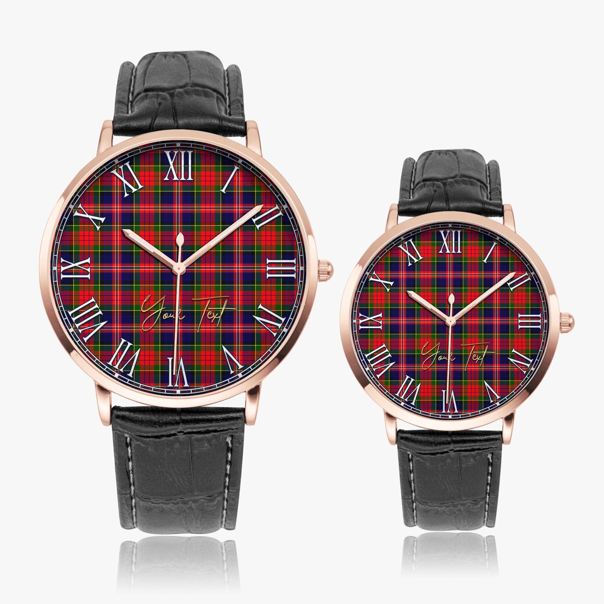 MacPherson Modern Tartan Personalized Your Text Leather Trap Quartz Watch Ultra Thin Rose Gold Case With Black Leather Strap - Tartanvibesclothing