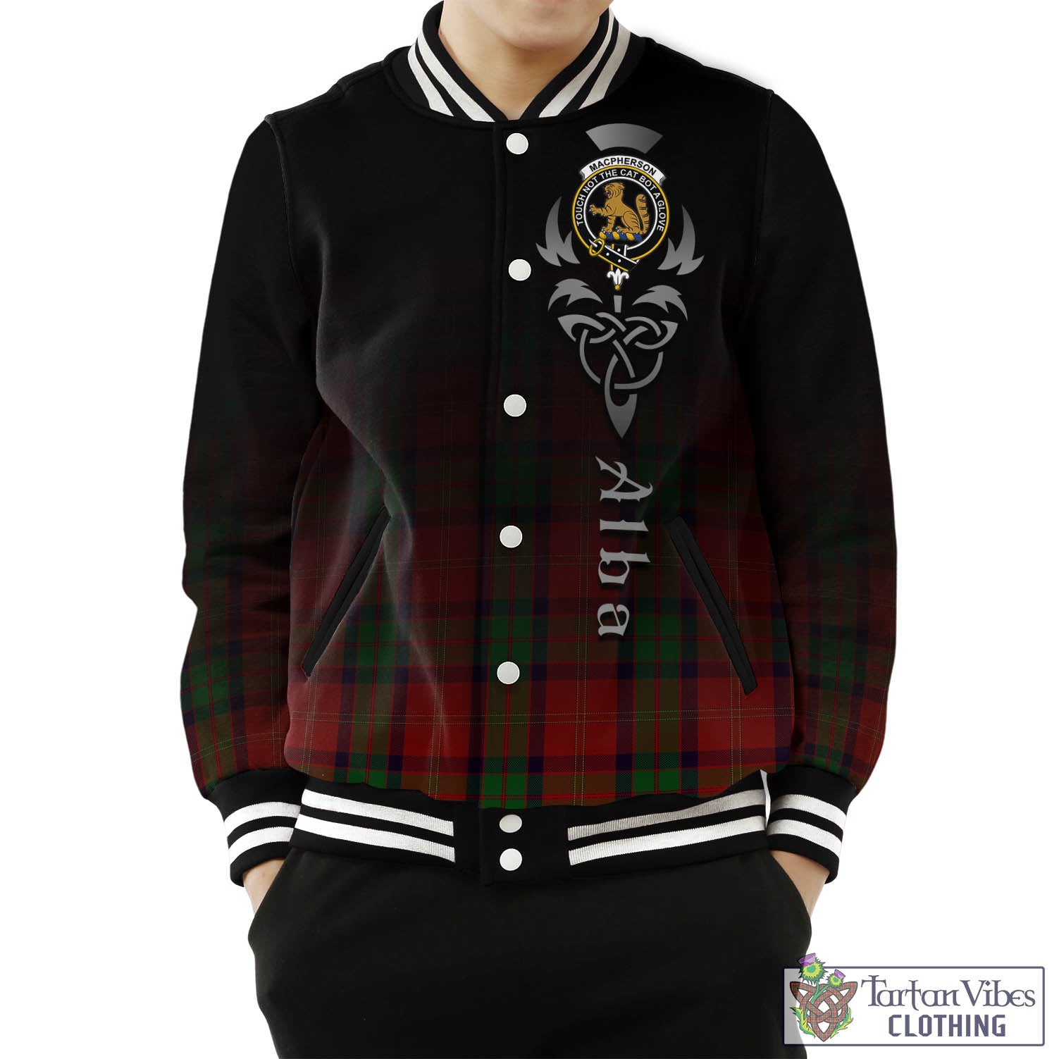 Tartan Vibes Clothing MacPherson of Cluny Tartan Baseball Jacket Featuring Alba Gu Brath Family Crest Celtic Inspired