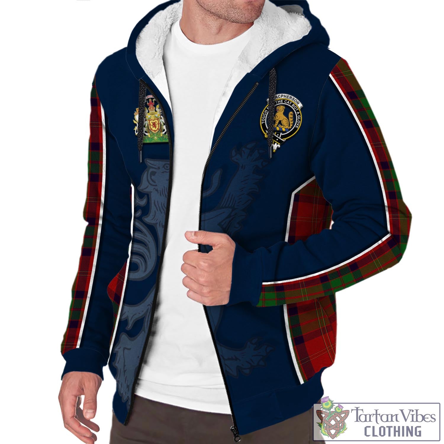 Tartan Vibes Clothing MacPherson of Cluny Tartan Sherpa Hoodie with Family Crest and Lion Rampant Vibes Sport Style