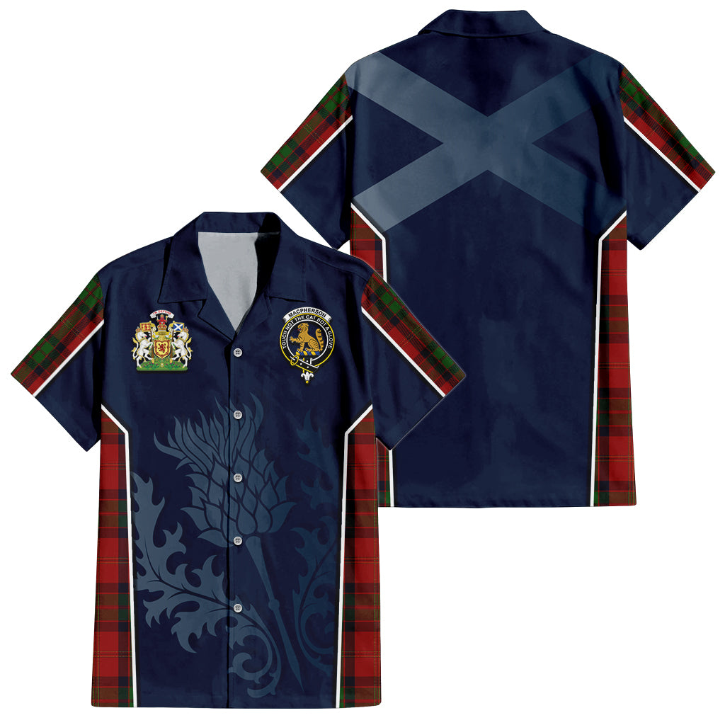 Tartan Vibes Clothing MacPherson of Cluny Tartan Short Sleeve Button Up Shirt with Family Crest and Scottish Thistle Vibes Sport Style