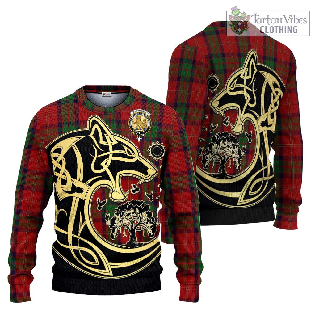 MacPherson of Cluny Tartan Knitted Sweater with Family Crest Celtic Wolf Style Unisex - Tartan Vibes Clothing