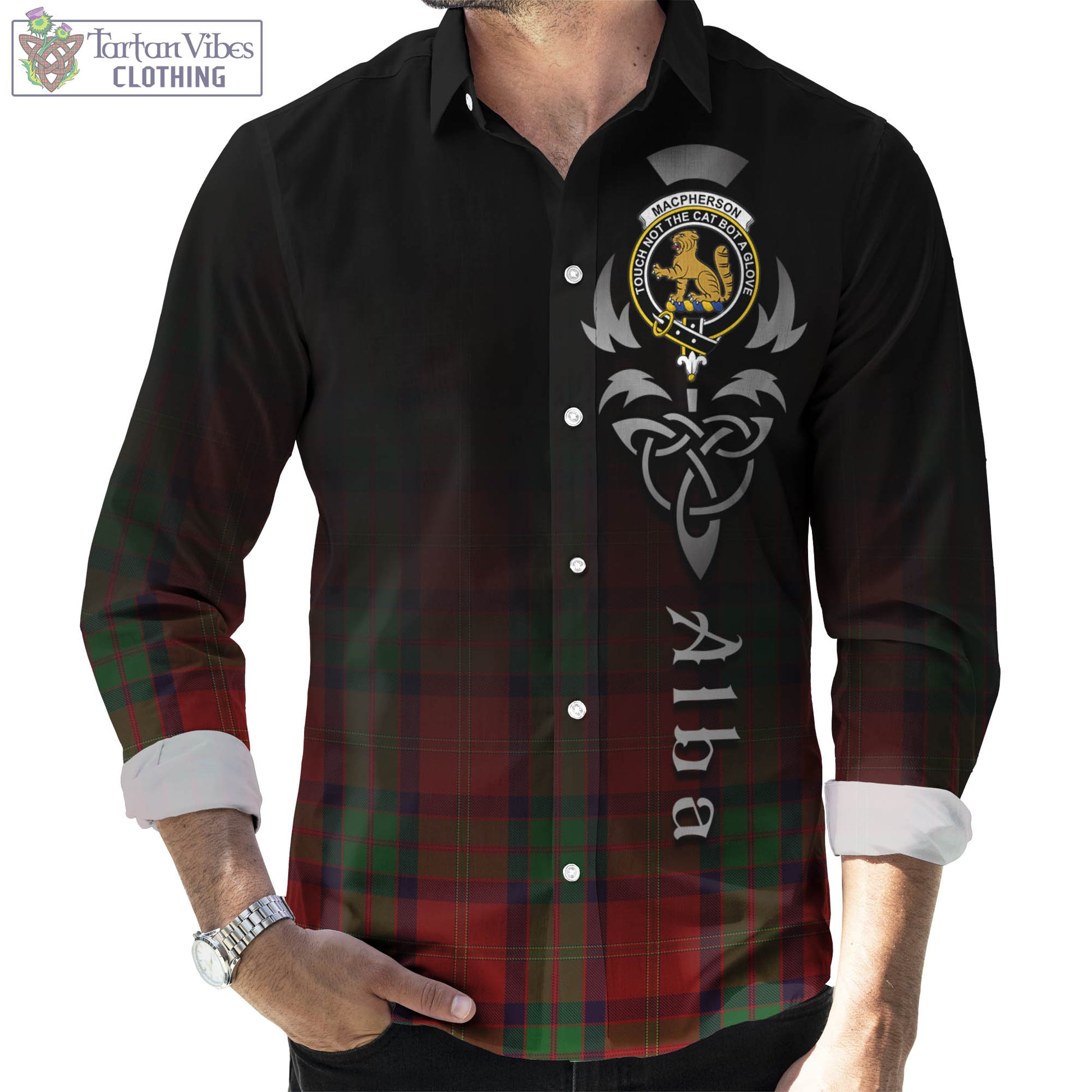 Tartan Vibes Clothing MacPherson of Cluny Tartan Long Sleeve Button Up Featuring Alba Gu Brath Family Crest Celtic Inspired