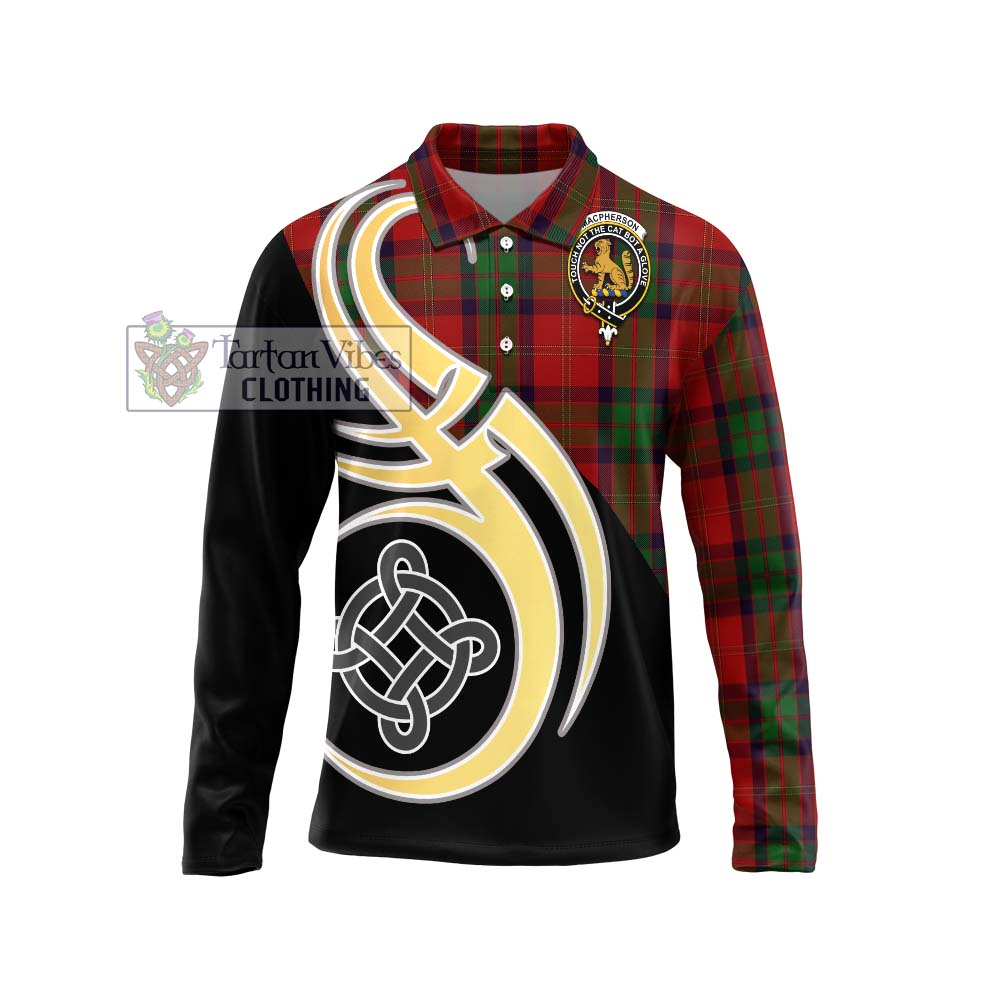 MacPherson of Cluny Tartan Long Sleeve Polo Shirt with Family Crest and Celtic Symbol Style Unisex - Tartan Vibes Clothing