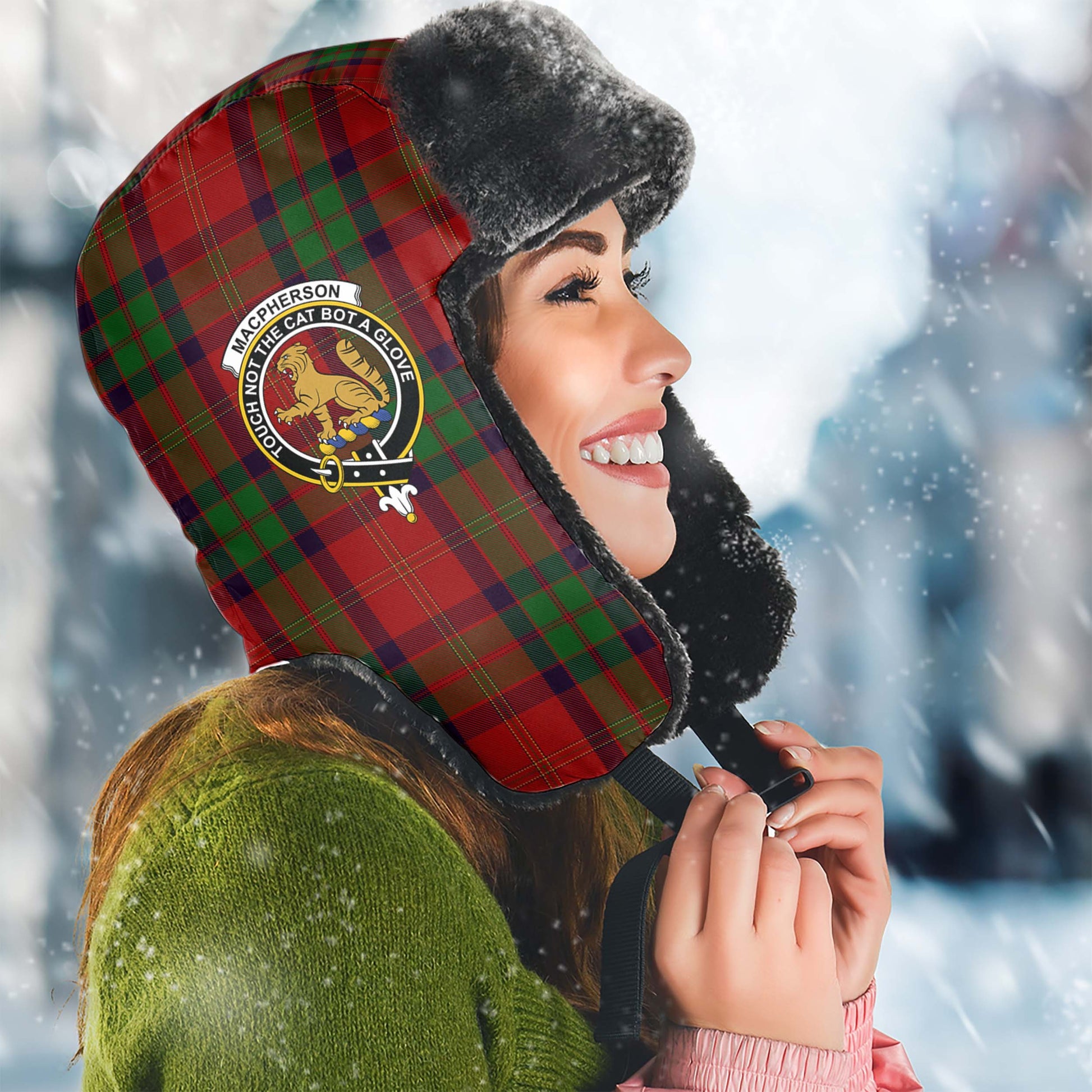 MacPherson of Cluny Tartan Winter Trapper Hat with Family Crest Winter Trapper Hat Universal Fit Circumference 22.8in (58cm) - Tartanvibesclothing