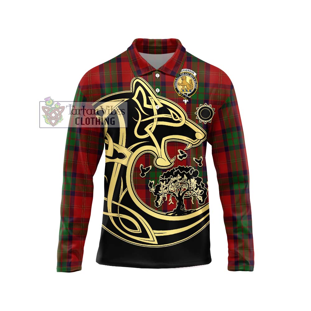 MacPherson of Cluny Tartan Long Sleeve Polo Shirt with Family Crest Celtic Wolf Style Unisex - Tartanvibesclothing Shop