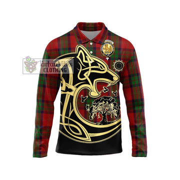 MacPherson of Cluny Tartan Long Sleeve Polo Shirt with Family Crest Celtic Wolf Style