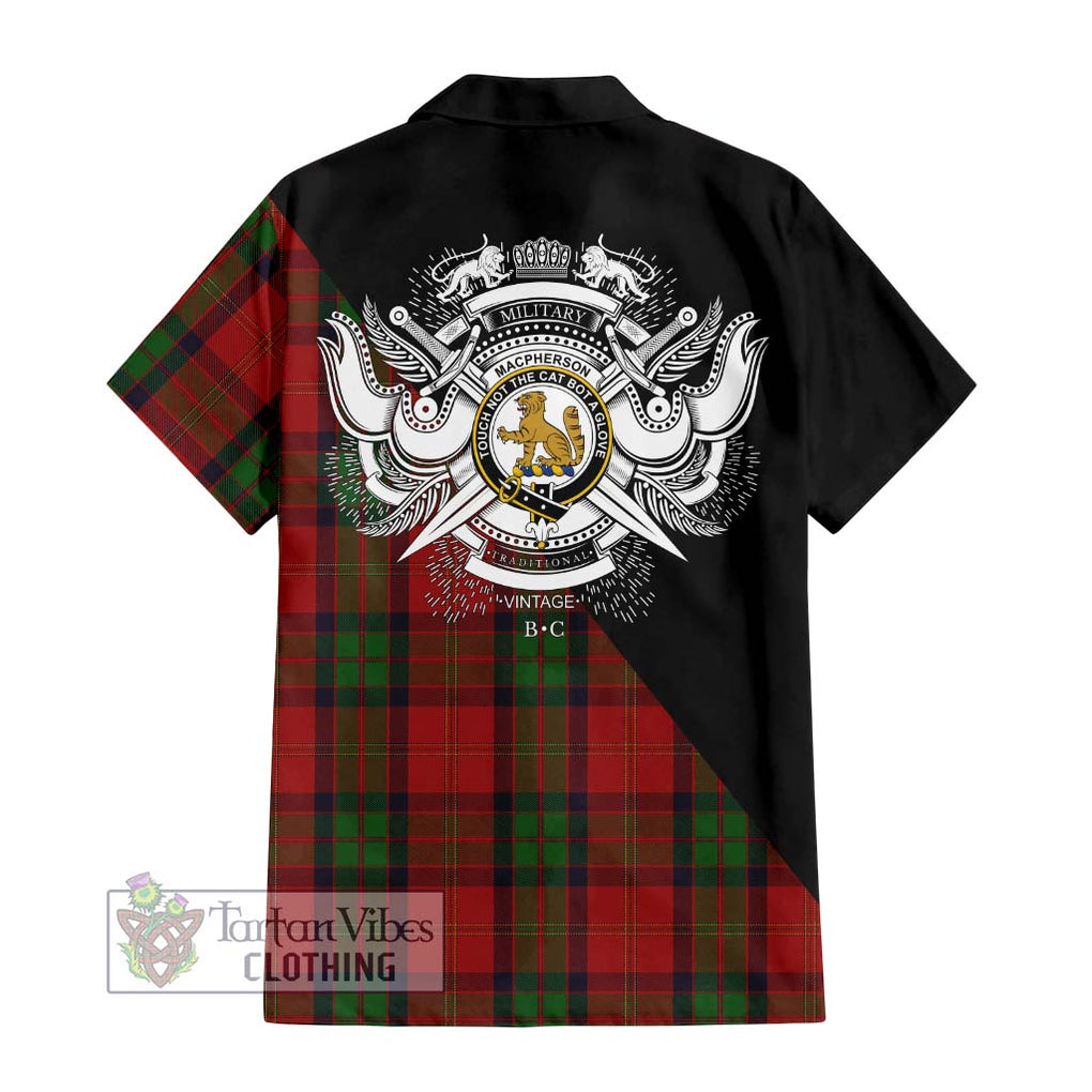 MacPherson of Cluny Tartan Short Sleeve Button Shirt with Family Crest and Military Logo Style - Tartanvibesclothing Shop