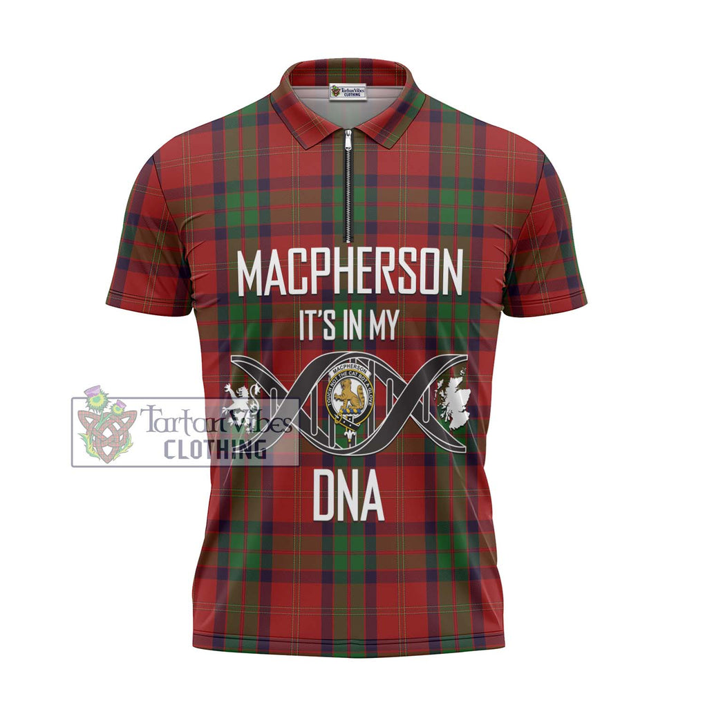 MacPherson of Cluny Tartan Zipper Polo Shirt with Family Crest DNA In Me Style - Tartanvibesclothing Shop