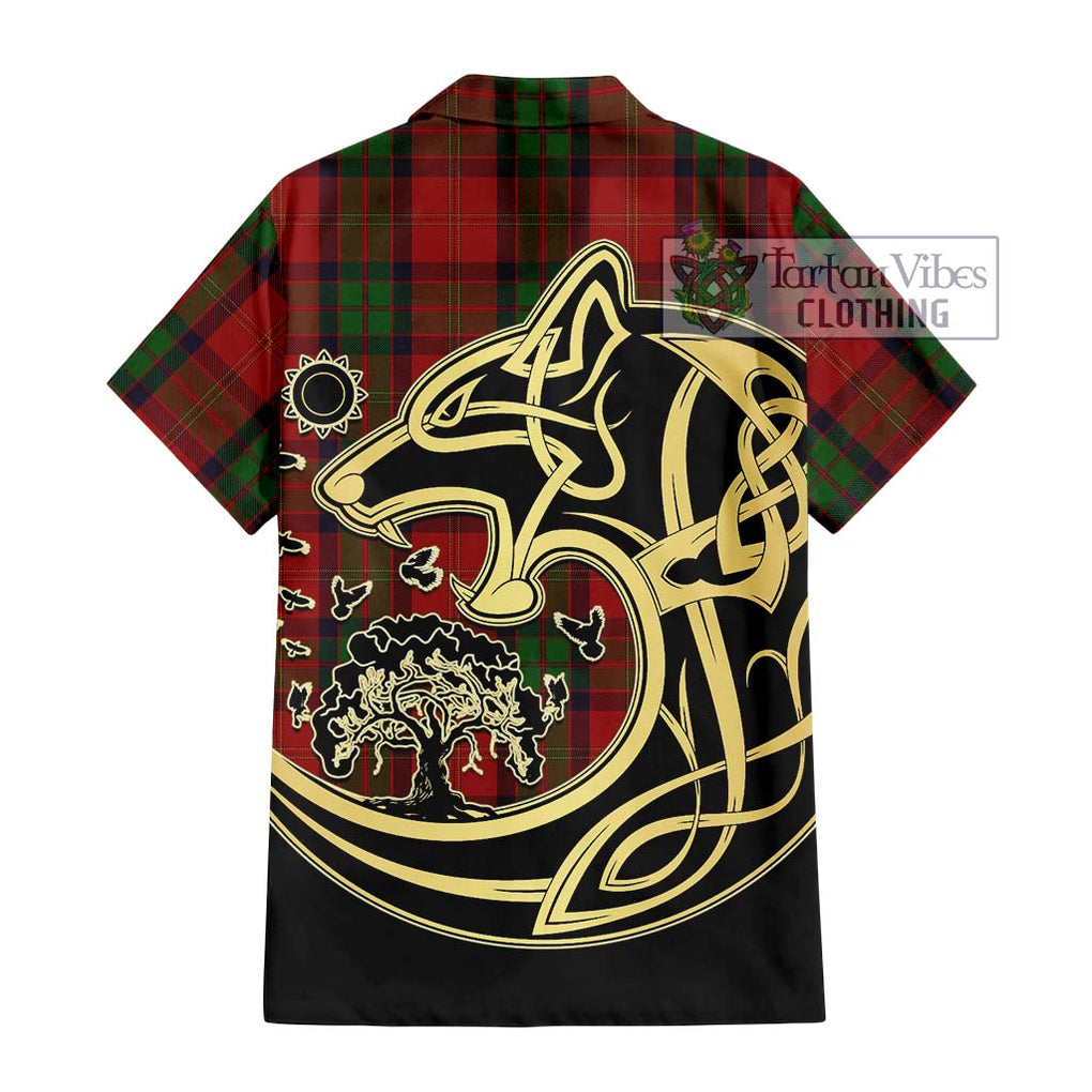 MacPherson of Cluny Tartan Short Sleeve Button Shirt with Family Crest Celtic Wolf Style - Tartan Vibes Clothing