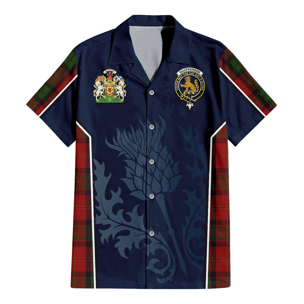 Tartan Vibes Clothing MacPherson of Cluny Tartan Short Sleeve Button Up Shirt with Family Crest and Scottish Thistle Vibes Sport Style