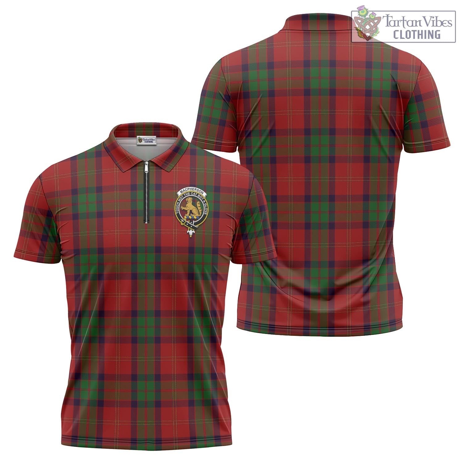 Tartan Vibes Clothing MacPherson of Cluny Tartan Zipper Polo Shirt with Family Crest