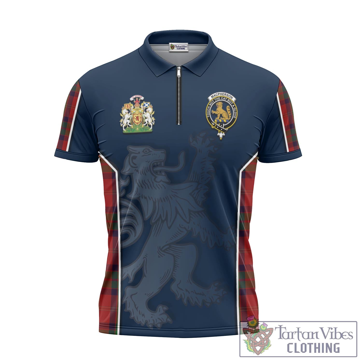 Tartan Vibes Clothing MacPherson of Cluny Tartan Zipper Polo Shirt with Family Crest and Lion Rampant Vibes Sport Style