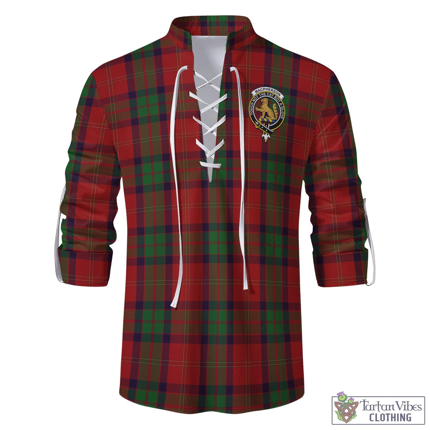 Tartan Vibes Clothing MacPherson of Cluny Tartan Men's Scottish Traditional Jacobite Ghillie Kilt Shirt with Family Crest