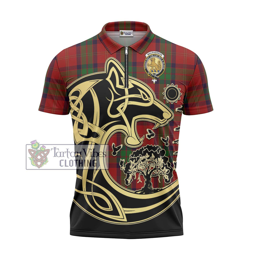 MacPherson of Cluny Tartan Zipper Polo Shirt with Family Crest Celtic Wolf Style - Tartanvibesclothing Shop