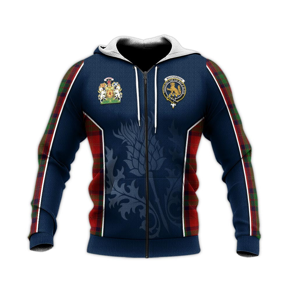 Tartan Vibes Clothing MacPherson of Cluny Tartan Knitted Hoodie with Family Crest and Scottish Thistle Vibes Sport Style