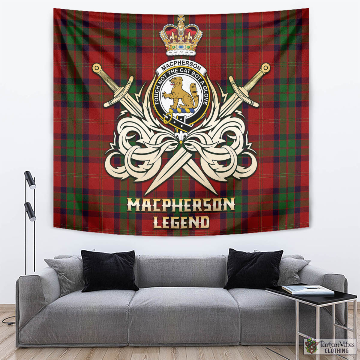 Tartan Vibes Clothing MacPherson of Cluny Tartan Tapestry with Clan Crest and the Golden Sword of Courageous Legacy