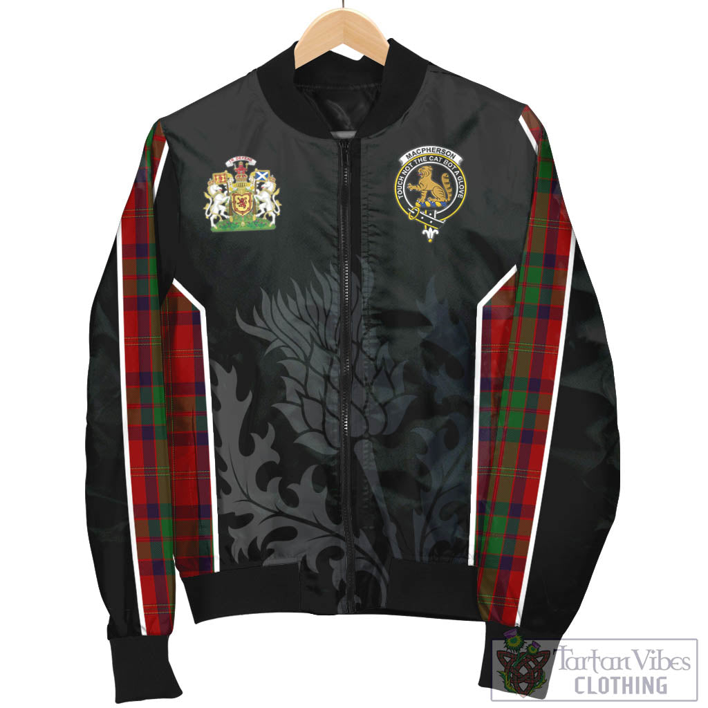 Tartan Vibes Clothing MacPherson of Cluny Tartan Bomber Jacket with Family Crest and Scottish Thistle Vibes Sport Style