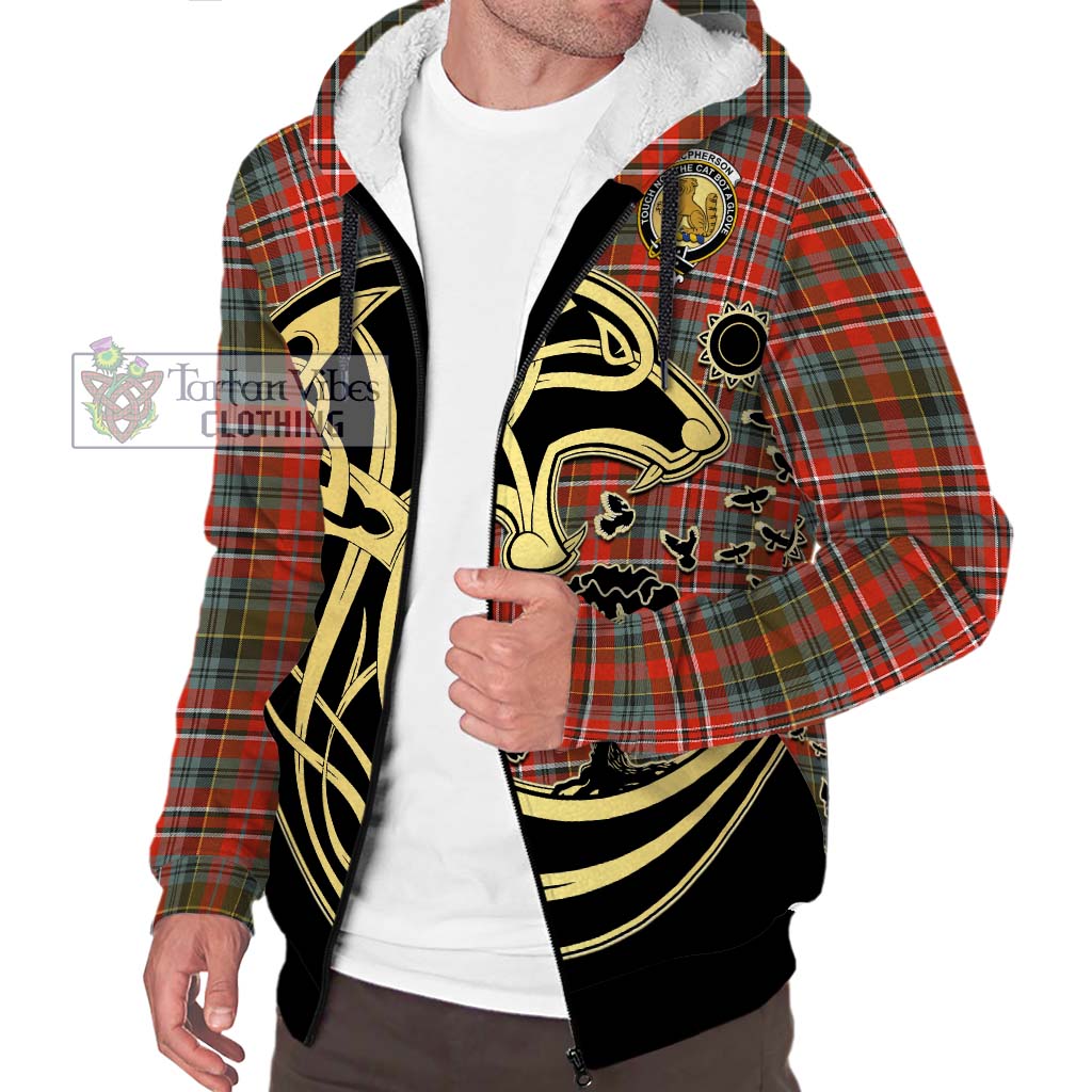 Tartan Vibes Clothing MacPherson Weathered Tartan Sherpa Hoodie with Family Crest Celtic Wolf Style